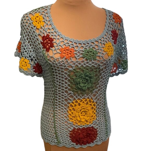Knit Crochet Top S/M Flower Boho Festival Gypsy Cottagecore - Picture 1 of 9